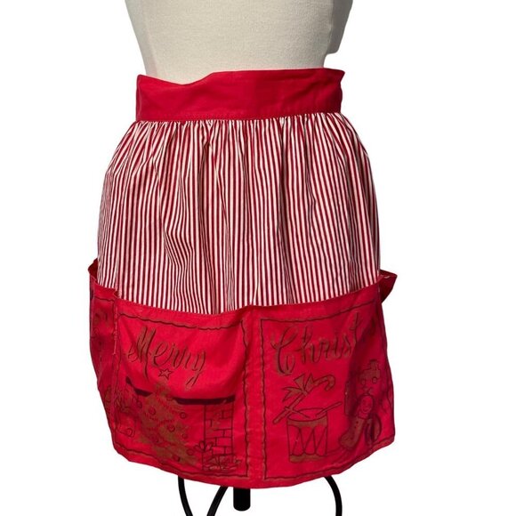 Vintage Christmas Half Apron Red White Strip Snowman Santa Toys Tree Mid Century - Picture 10 of 12